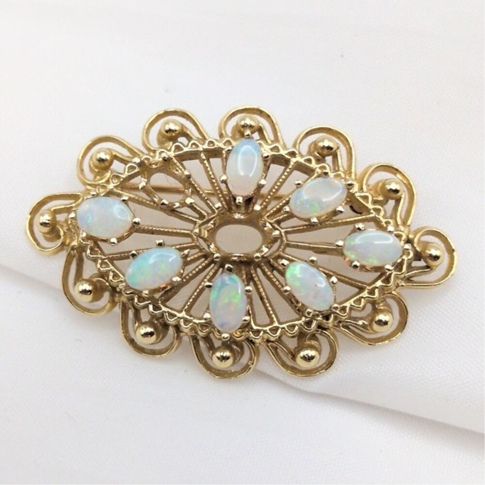 VTG 14k Yellow Gold Filigree Opal Cluster Brooch Pendant 6.91g *Missing Stones